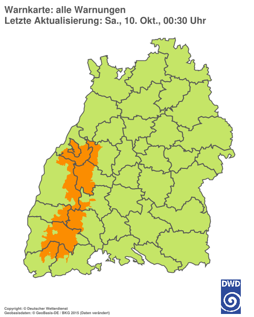 Current weather warning map: Baden-Württemberg