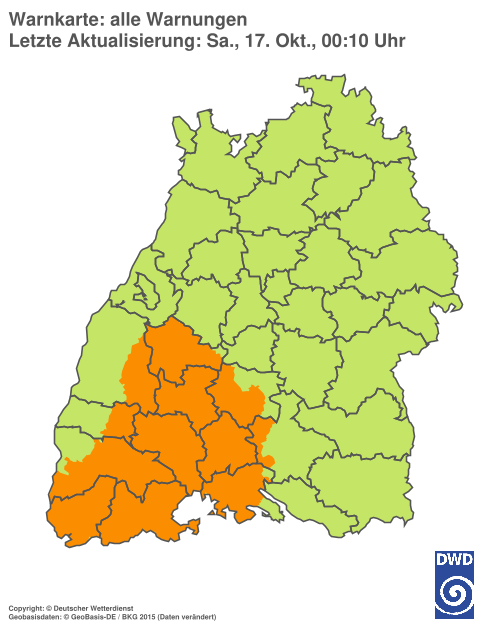 Current weather warning map: Baden-Württemberg