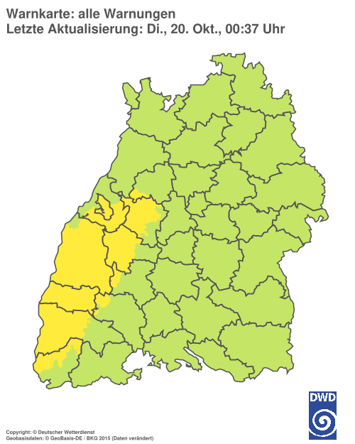 Current weather warning map: Baden-Württemberg